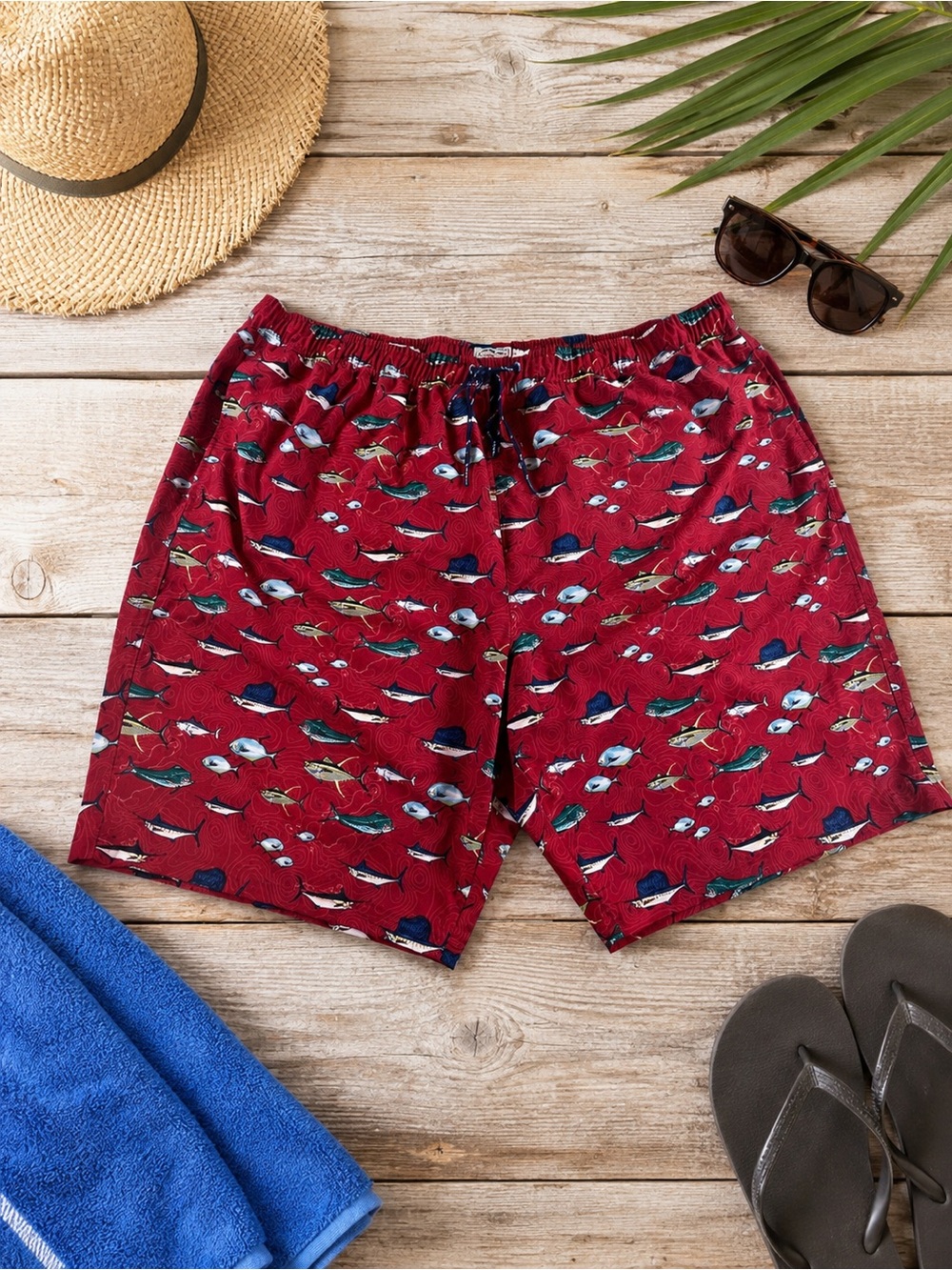Ocean Coast Mens 2XLT Red Fish Print Swim Trunks Board Shorts